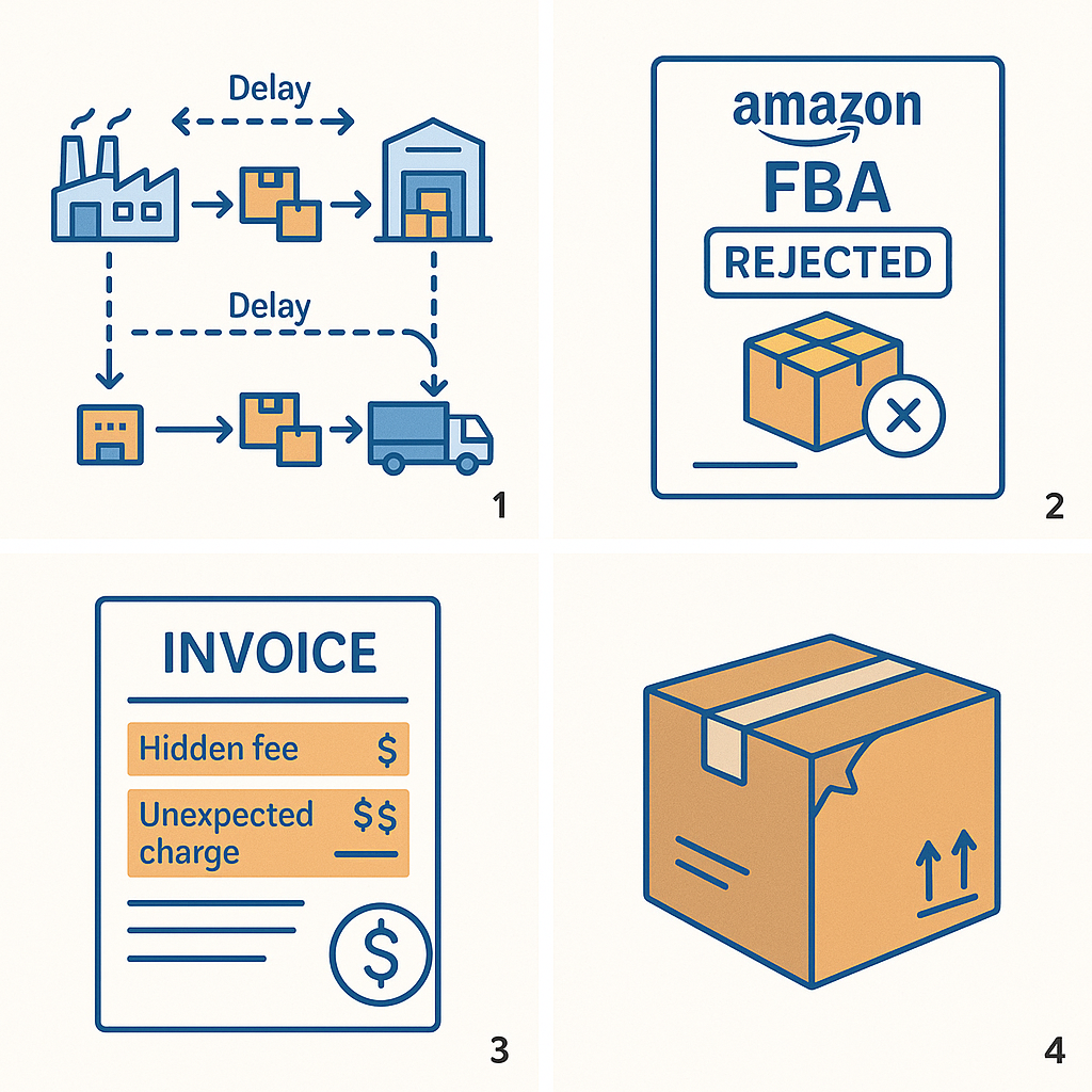 Complex logistics chain diagram showing multiple shipping delays between China and Amazon FBA