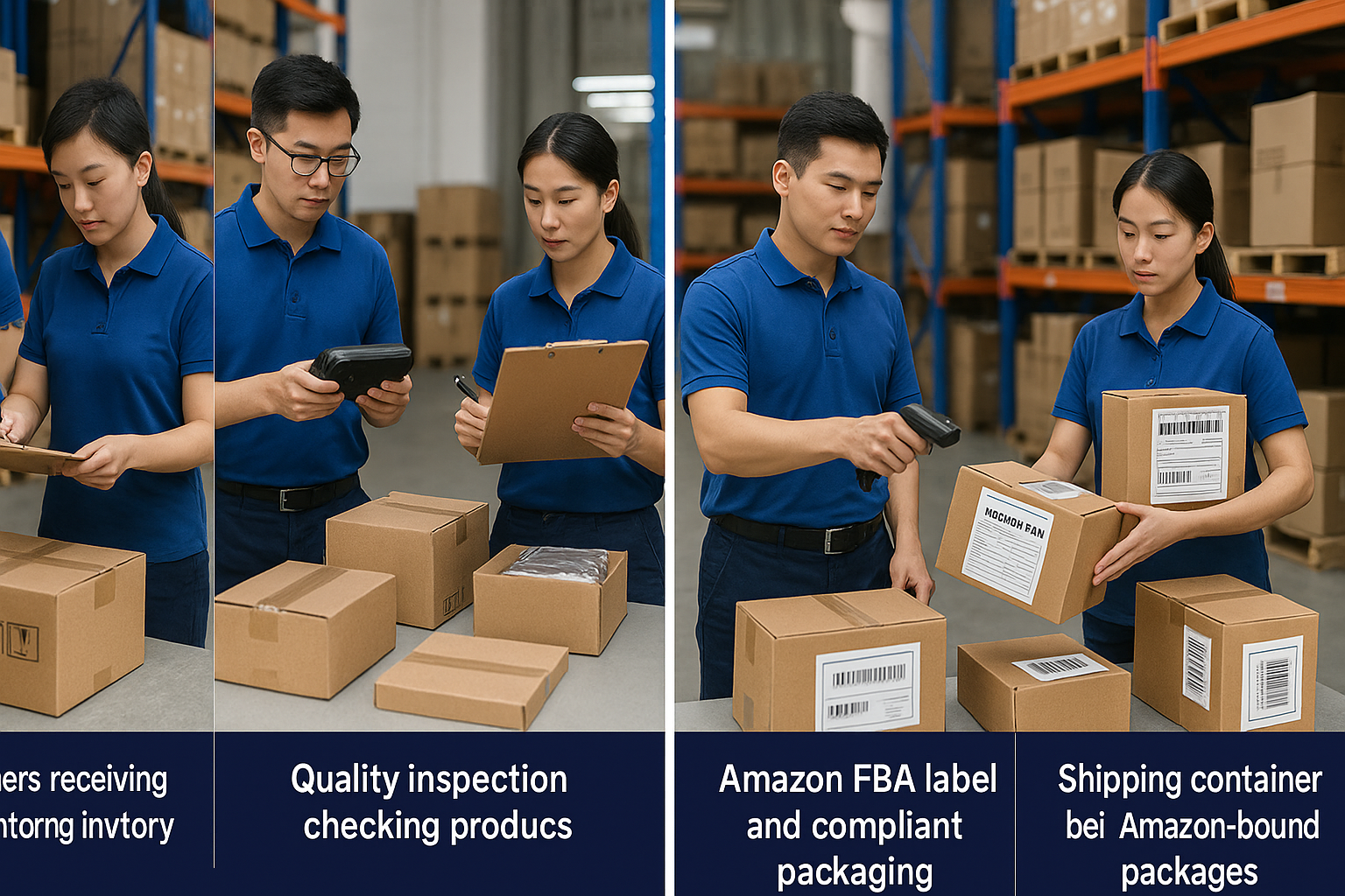 China Fulfillment warehouse staff quickly processing Amazon FBA orders